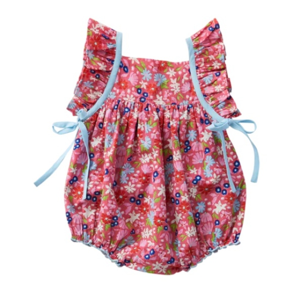 Pink Chicken Floral Bubble Romper with Blue Accents